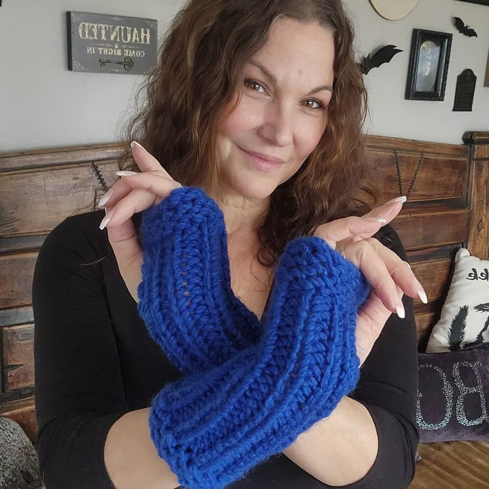 Hand Knit Fingerless Gloves, Armwarmers in Blue Yarn, Womens "Sapphire Sky" - Picture 5 of 11